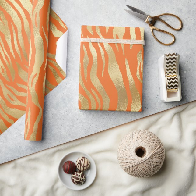 Modern Orange Gold Shimmer Tiger Stripes Birthday Wrapping Paper (Crafts)
