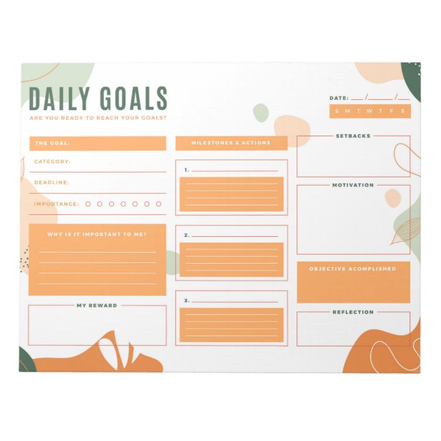 Modern Orange-Green Daily Goals Planner Notepad (Front)