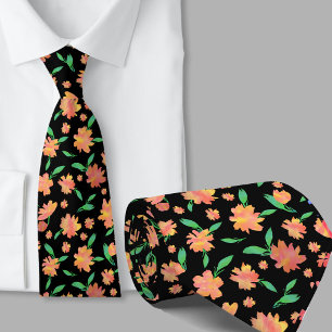 Modern orange green watercolor flowers tie
