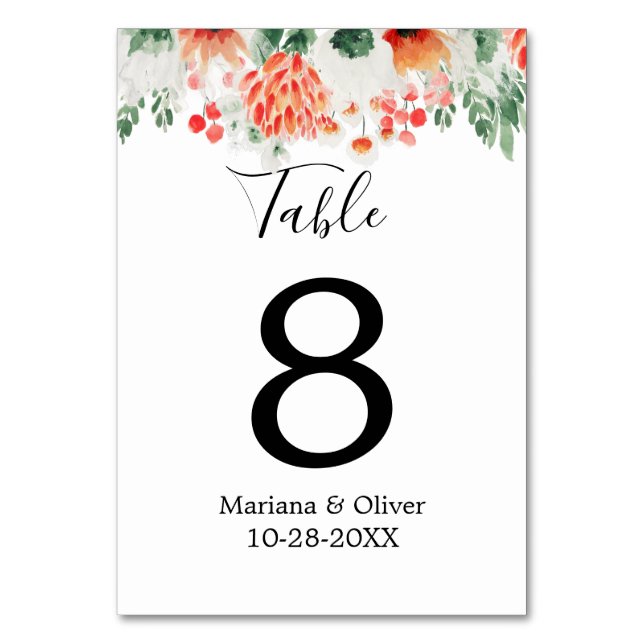 Modern Orange Greenery Wildflowers Floral Table Number (Front)