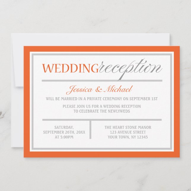 Modern Orange & Grey Wedding Reception Invitations (Front)