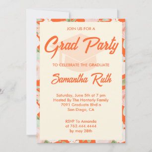 Modern Orange Ivory Floral Photo Graduation Party Invitation