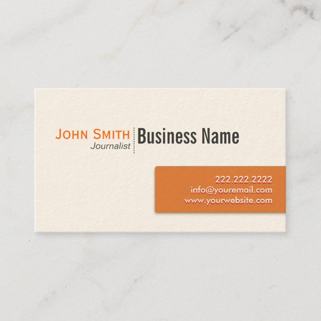 Modern Orange Label Journalist Business Card (Front)
