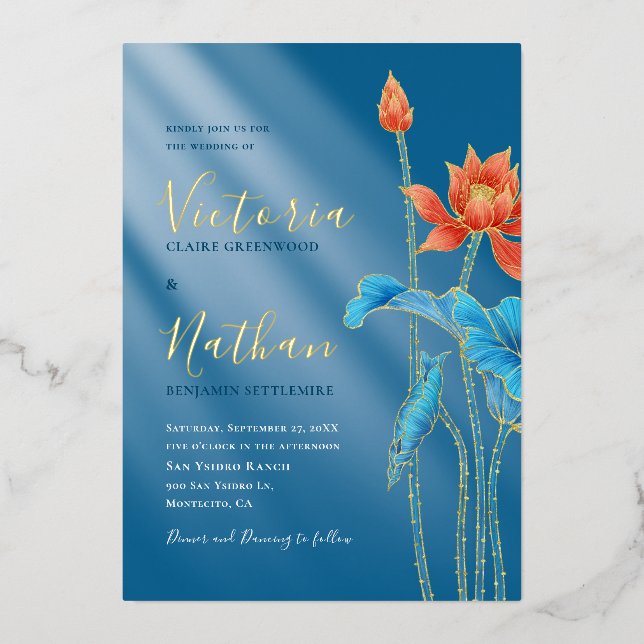 Modern Orange Lotus Flower Blue Wedding Invitation (Front)