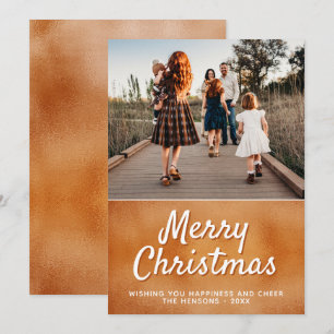 Modern Orange Metallic Merry Christmas Photo Holiday Card