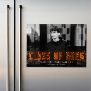 Modern Orange Neon Class of 2025 Photo Graduation Magnetic Invitation