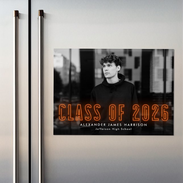 Modern Orange Neon Class of 2025 Photo Graduation Magnetic Invitation (Creator Uploaded)
