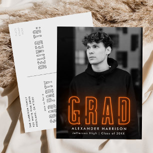 Modern Orange Neon Photo Graduation Party Invitation Postcard