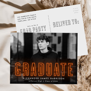 Modern Orange Neon Photo Graduation Party Invitation Postcard