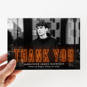 Modern Orange Neon Photo Graduation Thank You Card