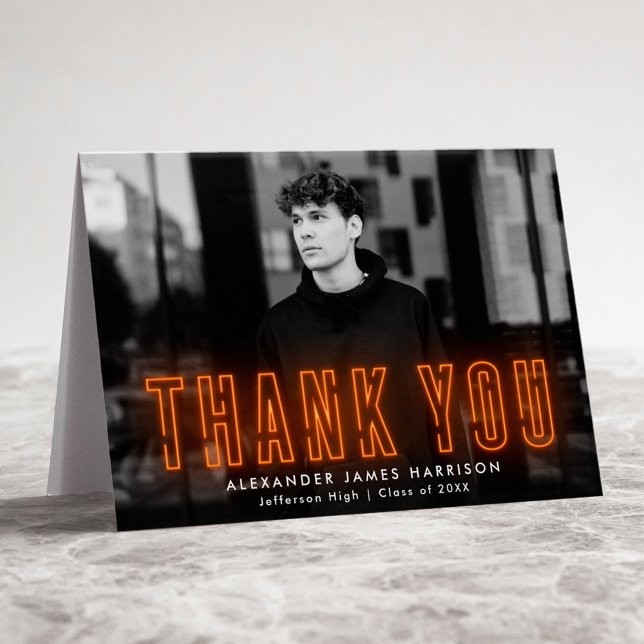 Modern Orange Neon Photo Graduation Thank You Card (Creator Uploaded)
