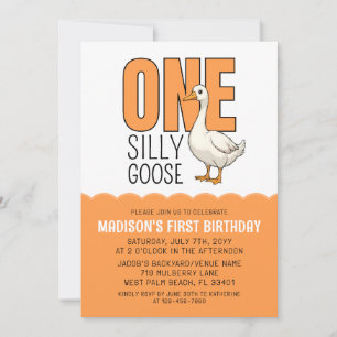 Modern Orange One Silly Goose 1st Birthday Party Invitation