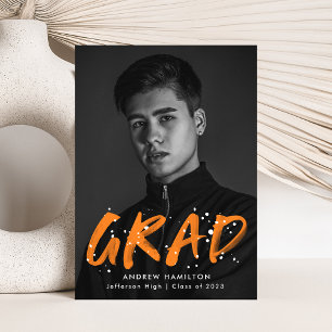 Modern Orange Paint Splatter Photo Graduation Announcement