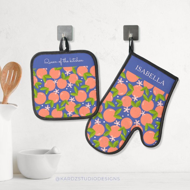 Modern Orange Pattern Stylish Personalised Oven Mitt & Pot Holder Set (Personalized oven mitts with orange patterns in blue and orange colors. )