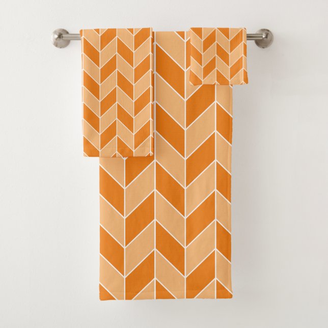Modern Orange Peach Herringbone Chevron Pattern Bath Towel Set (Insitu)