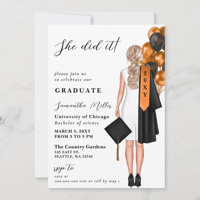 Modern Orange Photo She Did It Graduation Invitation (Front)