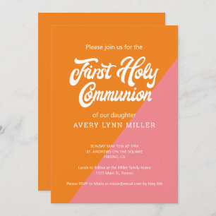 Modern Orange Pink Colour Block First Communion Invitation