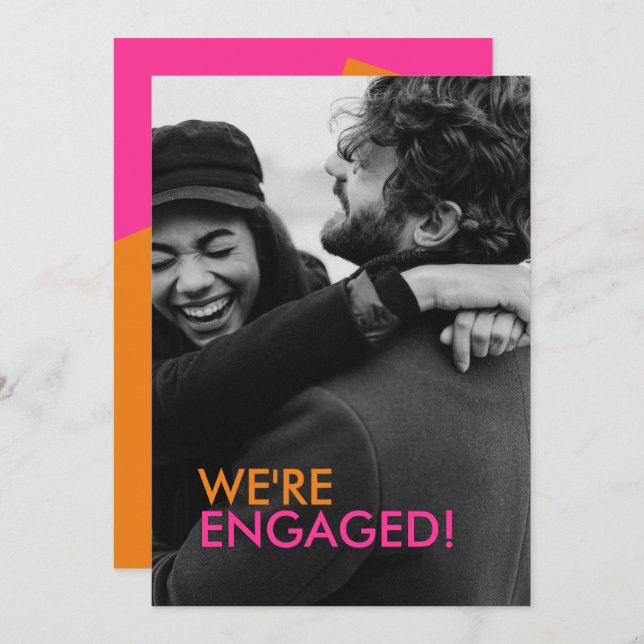 Modern Orange Pink Engagement Announcement Card (Front/Back)