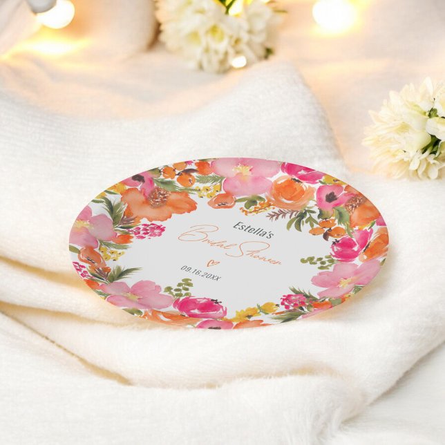 Modern Orange pink floral script bridal shower Paper Plate (Modern Orange pink floral script bridal shower Paper Plates)