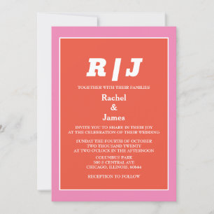 Modern Orange Pink Trendy Minimal Colourful Weddin Invitation
