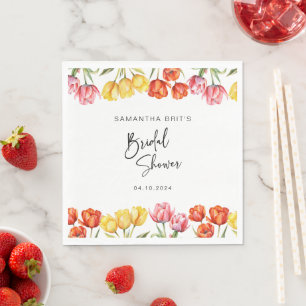 Modern Orange Pink Tulips Floral Bridal Shower Napkin