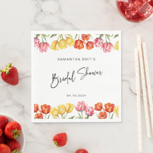Modern Orange Pink Tulips Floral Bridal Shower Napkin