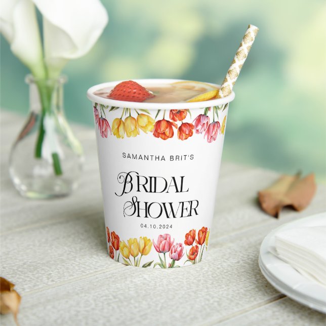 Modern Orange Pink  Tulips Floral Bridal Shower Paper Cups (Insitu)