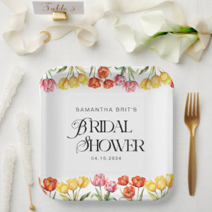 Modern Orange Pink  Tulips Floral Bridal Shower Paper Plate