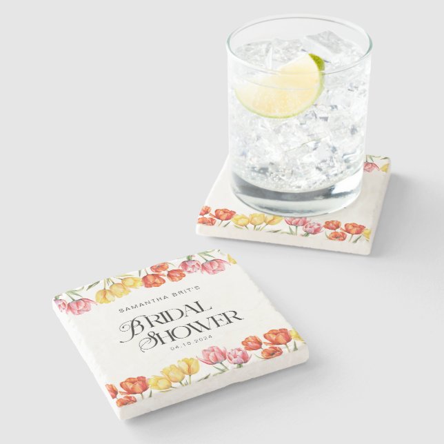 Modern Orange Pink  Tulips Floral Bridal Shower Stone Coaster (Side)
