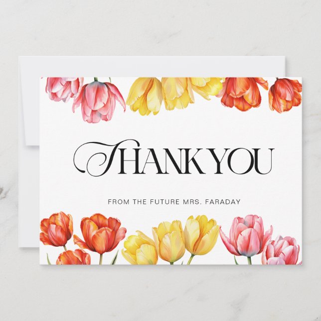 Modern Orange Pink  Tulips Floral Bridal Shower Thank You Card (Front)