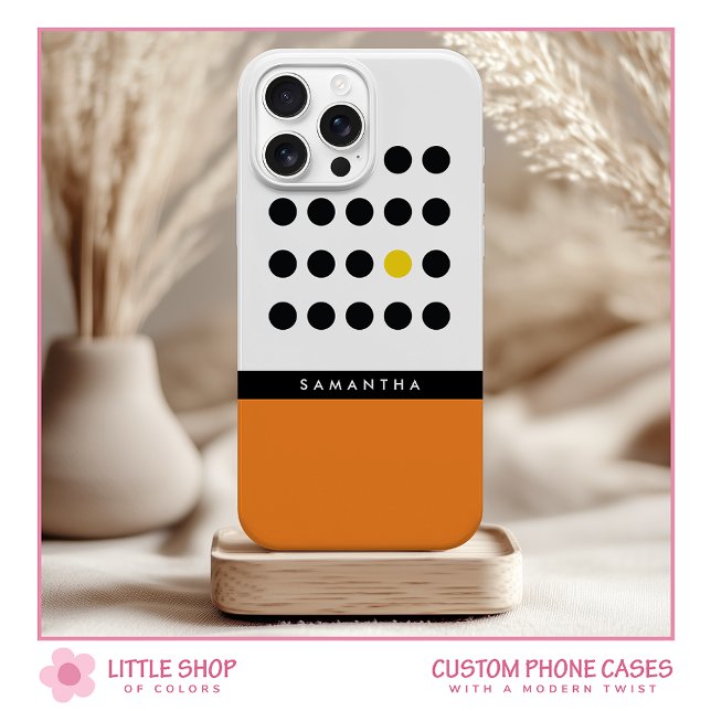 Modern Orange Polka Dot Colour Block Monogram iPhone 15 Case (Creator Uploaded)