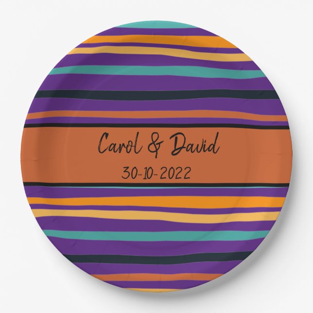 Modern Orange Purple Striped Halloween Wedding Paper Plate (Front)