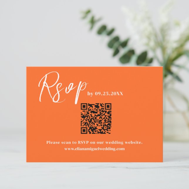 Modern orange QR Code Response Card wedding RSVP (Standing Front)
