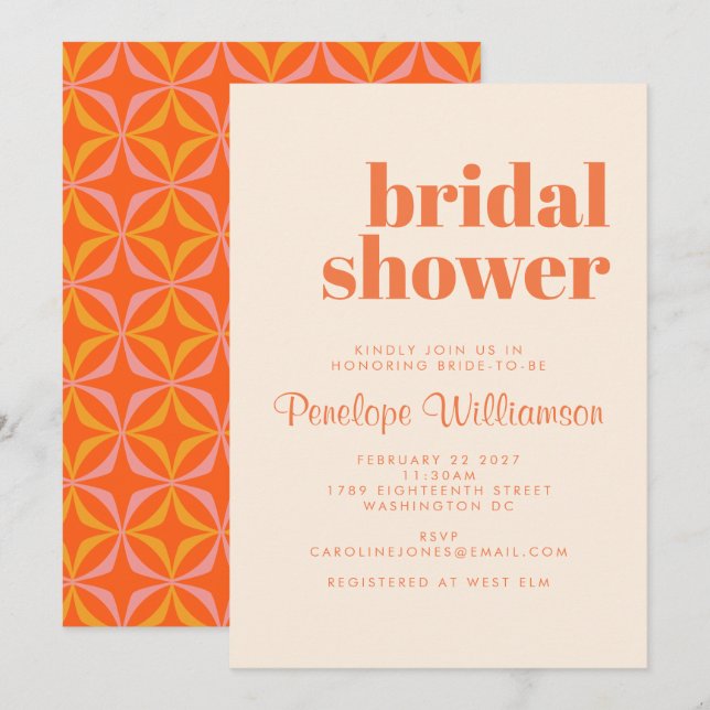 Modern Orange Retro Bold Typography Bridal Shower  Invitation (Front/Back)