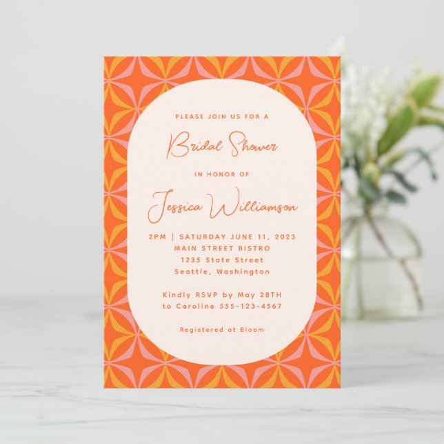 Modern Orange Retro Calligraphy Bridal Shower Invitation (Standing Front)