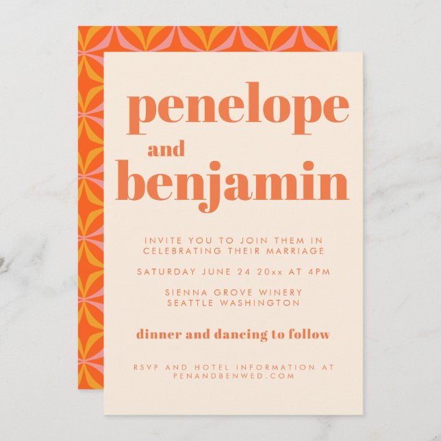 Modern Orange Retro Typography Wedding All In One Invitation (Front/Back)