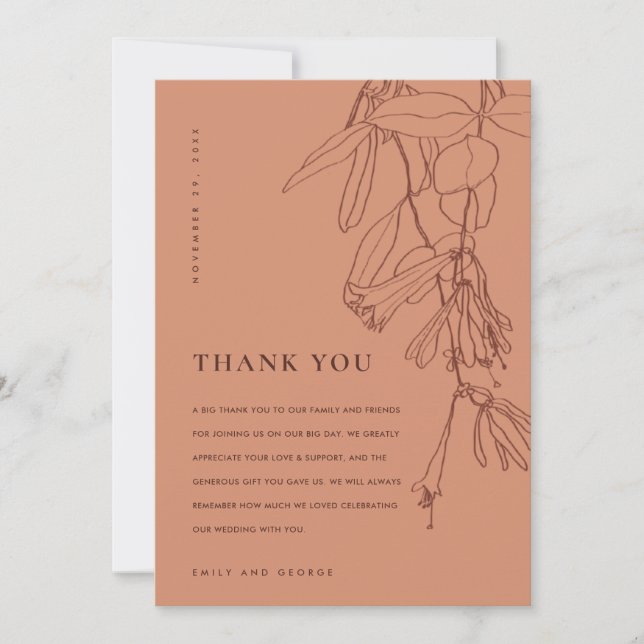 MODERN ORANGE RUST LINE DRAWING FLORAL WEDDING THANK YOU CARD (Front)
