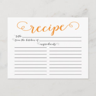 Modern Orange Script Bridal Shower Recipe Cards