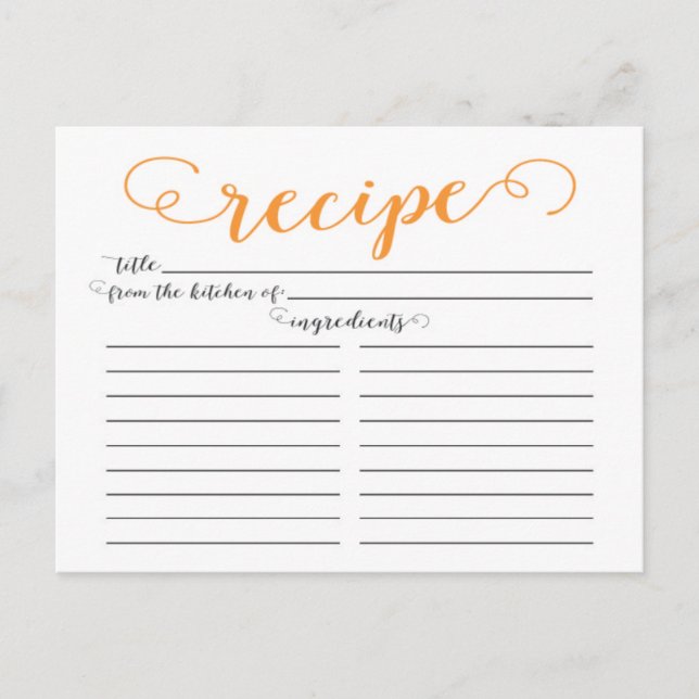 Modern Orange Script Bridal Shower Recipe Cards (Front)