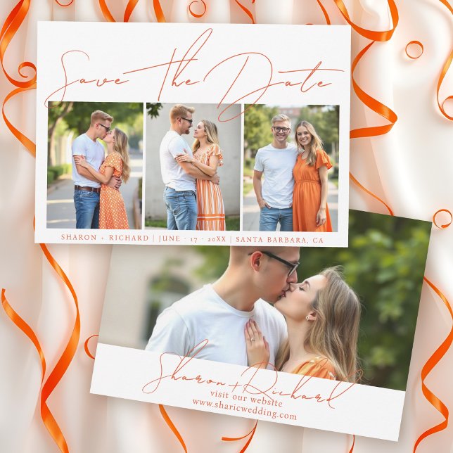 Modern orange script calligraphy 3 photo collage save the date (Creator Uploaded)