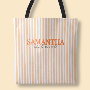 Modern Orange Striped Script Custom Bridesmaid Tote Bag