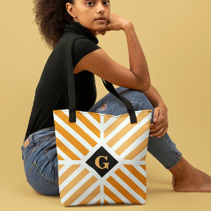 Modern Orange Stripes Initial Tote Bag