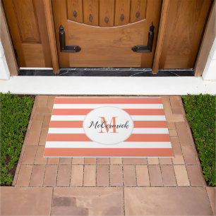 Modern Orange Stripes Script Monogram Personalized Doormat