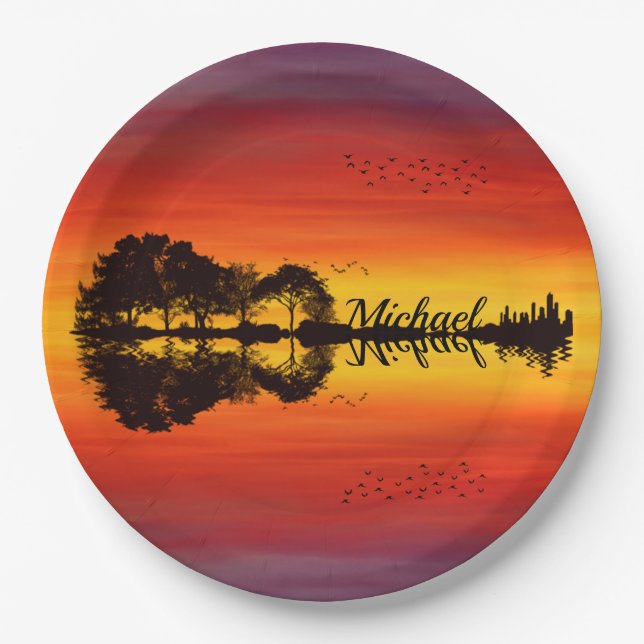 Modern Orange Sunset Guitarist Name Watercolor Paper Plate (Front)