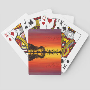 Modern Orange Sunset Guitarist Name Watercolor Playing Cards