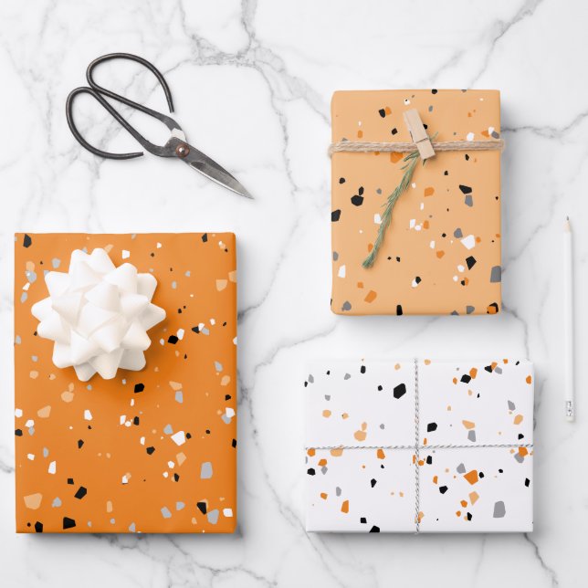 Modern Orange Terrazzo Pattern Wrapping Paper Sheet (Front)