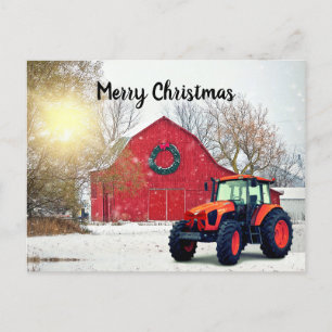 Modern Orange Tractor in Barnyard Christmas Postcard