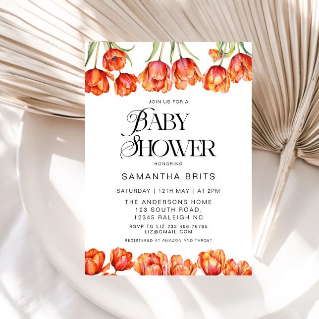 Modern Orange Tulips Floral Baby Shower Invitation (Creator Uploaded)