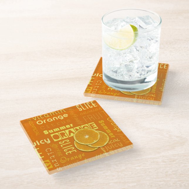 Modern Orange Typography Fruit Slice Glass Coaster (Angled)