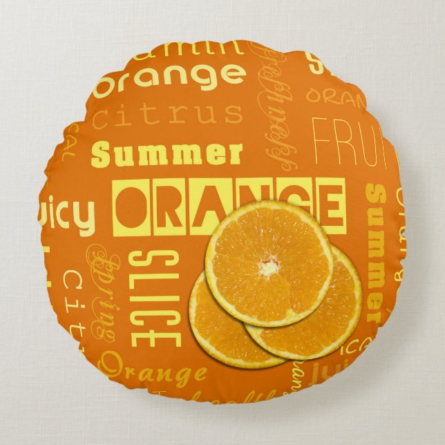Modern Orange Typography Fruit Slice Round Cushion (Front)